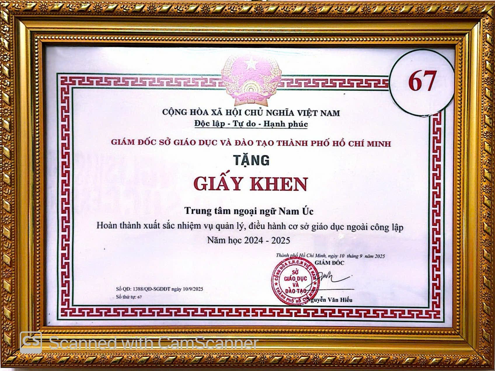 Giấy khen từ Sở Giáo Dục và Đào Tạo TP. HCM - Trung tâm ngoại ngữ Nam Úc